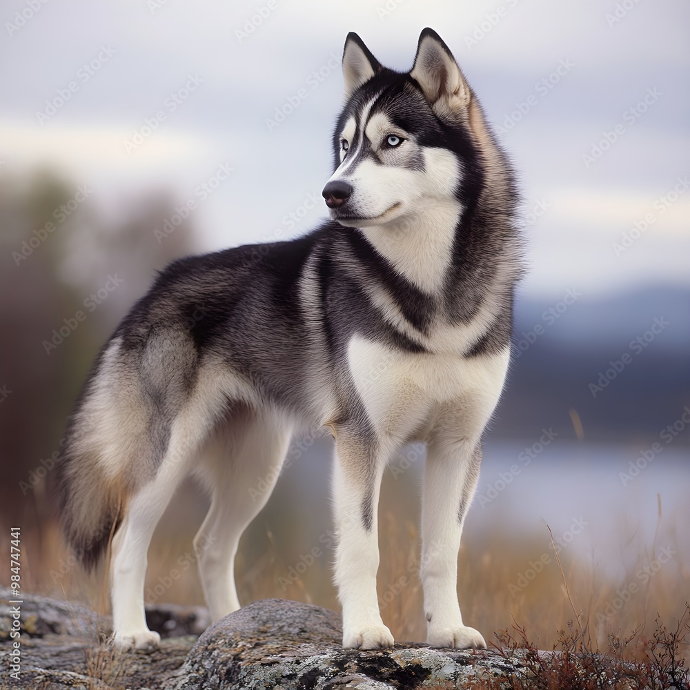 A majestic adult Siberian Husky standing proudly, with its thick coat beautifully contrasting against a A majestic adult Siberian Husky standing proudly, with its thick coat beautifully contrasting against a
