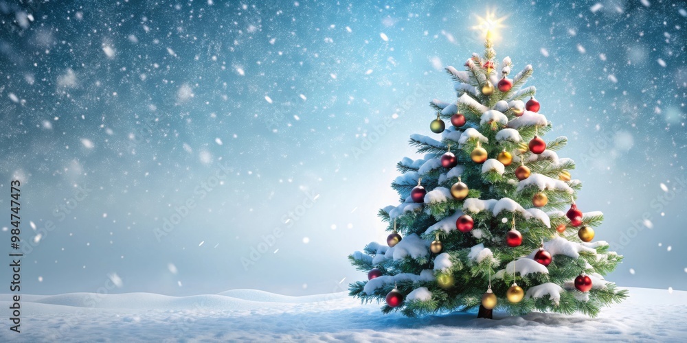 Christmas tree covered in snow, winter, holiday, seasonal, festive, decorations, pine, fir, snowflakes, cold Christmas tree covered in snow, winter, holiday, seasonal, festive, decorations, pine, fir, snowflakes, cold