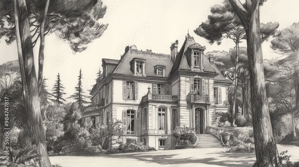 Obraz premium A detailed pencil drawing of a large, traditional home with a slate roof, surrounded by trees and a paved driveway.