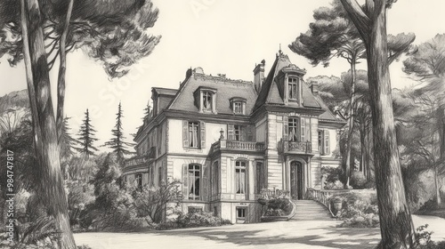 A detailed pencil drawing of a large, traditional home with a slate roof, surrounded by trees and a paved driveway.