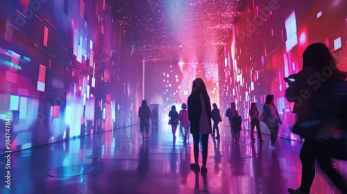 A large-scale interactive art installation with motion-activated lighting, changing colors and intensity as viewers walk through the space, enhancing the immersive experience