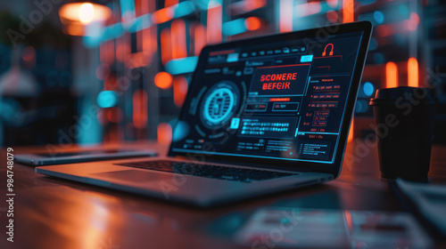 A laptop screen showing a security breach alert, with a Social Security card lying on the desk, highlighting the risks of identity theft and the need for vigilance