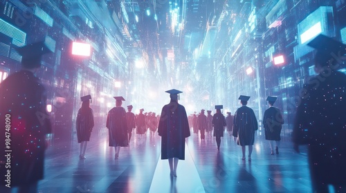 AI-generated image of a graduation celebration, blending digital and real-world elements in a futuristic environment