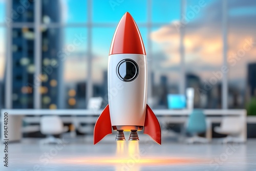 Abstract futuristic rocket, launching upward from a clean, modern workspace in an accelerator program photo