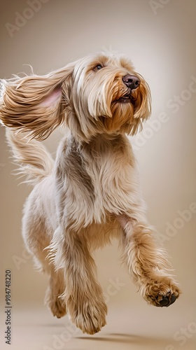 An otterhound dog playfully wagging its tail, with its long ears flopping, set against a light-colored background for a cheerful vibe photo