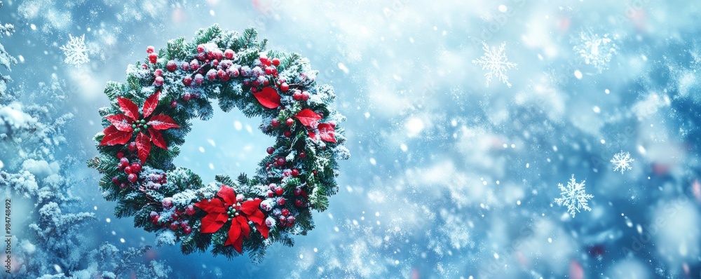 Festive Christmas wreath with red poinsettias and berries surrounded by falling snowflakes in a winter wonderland setting Festive Christmas wreath with red poinsettias and berries surrounded by falling snowflakes in a winter wonderland setting