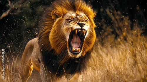 Lion Roaring with Mane Flowing in Motion photo