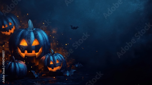 Mystical Halloween scene with glowing jack-o'-lanterns and bats in dark, misty atmosphere, perfect for seasonal e-commerce banner photo