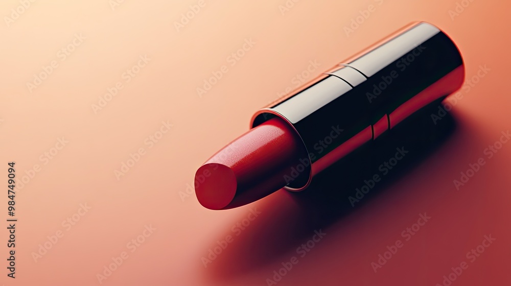 A sleek, elegant lipstick tube lying on a smooth, neutral backdrop, with plenty of negative space for text or logos, perfect for beauty-related advertisements. A sleek, elegant lipstick tube lying on a smooth, neutral backdrop, with plenty of negative space for text or logos, perfect for beauty-related advertisements.