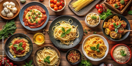 A table filled with a variety of classic Italian pasta dishes, including spaghetti, lasagna, and fettuccine alfredo