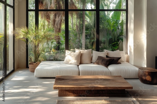 Bright minimalist living room with reclaimed wood coffee table and organic textiles