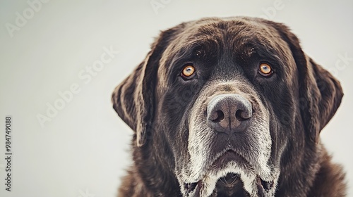 A close-up portrait of a Spanish Mastiff with soulful eyes, emphasizing its thick fur and characteristic features against a light solid color backdrop photo