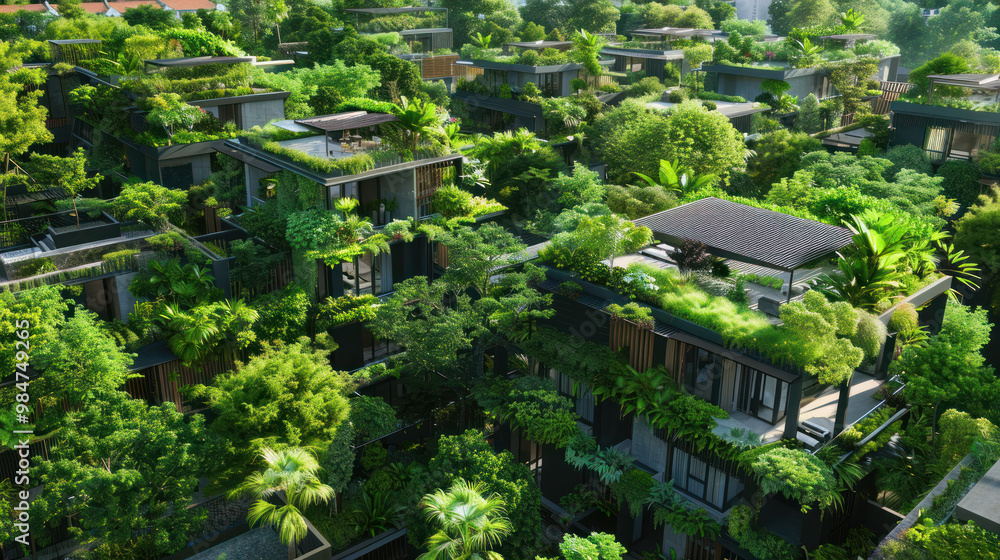 An urban area where all the rooftops are covered with lush, cooling gardens, creating a green canopy that shields the city from the hot sun An urban area where all the rooftops are covered with lush, cooling gardens, creating a green canopy that shields the city from the hot sun