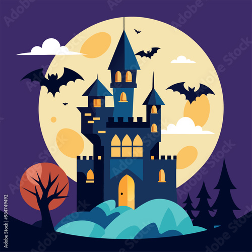 Halloween vector art featuring a spooky castle surrounded by bats and pumpkins against a dark background