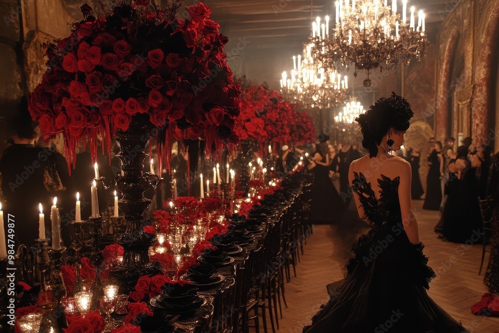 Elegant Gothic Halloween party with lavish red and black decor in a beautifully lit room filled with opulent chandeliers Elegant Gothic Halloween party with lavish red and black decor in a beautifully lit room filled with opulent chandeliers