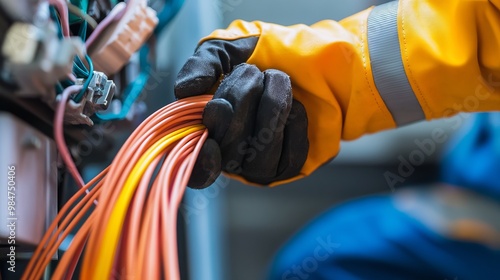 Electrician pulling a wire through PVC conduit, focused on installation work