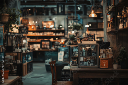 Wallpaper Mural Interior design of groceries shop with variety of product on shelf, Cafeteria design with bar and dinning table. Torontodigital.ca