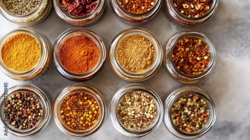 A top-down view of a spice rack featuring jars of chili powder, dried chili flakes, and other seasonings, organized in a clean kitchen setting