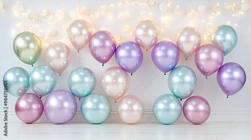 Holiday background with metallic balloons, christmas or other events, confetti and ribbons. Birthday party, anniversary, new year. Holiday background with metallic balloons, christmas or other events, confetti and ribbons. Birthday party, anniversary, new year.