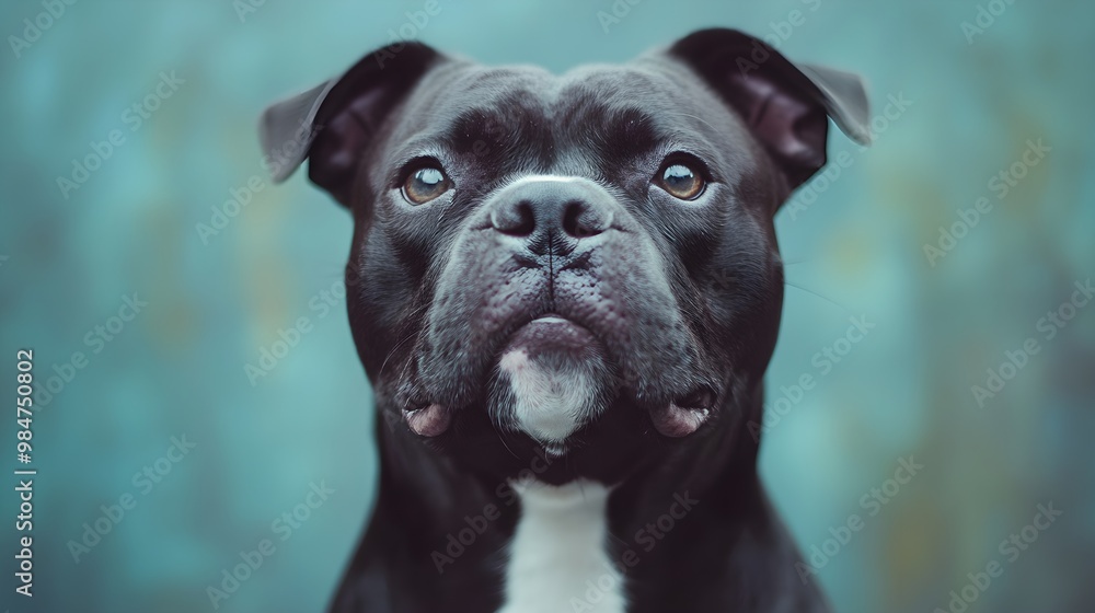 A close-up portrait of a Staffordshire Bull Terrier with a focused gaze, highlighting its distinct features against a soft pastel backdrop A close-up portrait of a Staffordshire Bull Terrier with a focused gaze, highlighting its distinct features against a soft pastel backdrop