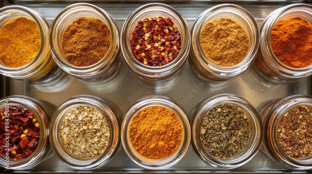 A top-down view of a spice rack featuring jars of chili powder, dried chili flakes, and other seasonings, organized in a clean kitchen setting A top-down view of a spice rack featuring jars of chili powder, dried chili flakes, and other seasonings, organized in a clean kitchen setting