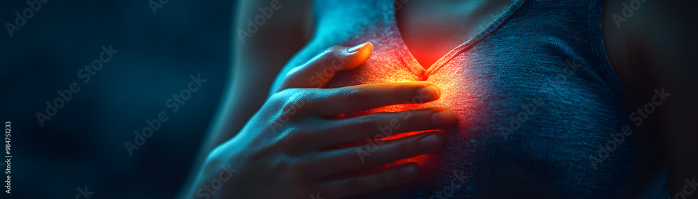 A woman's chest is red and she is holding her heart A woman's chest is red and she is holding her heart