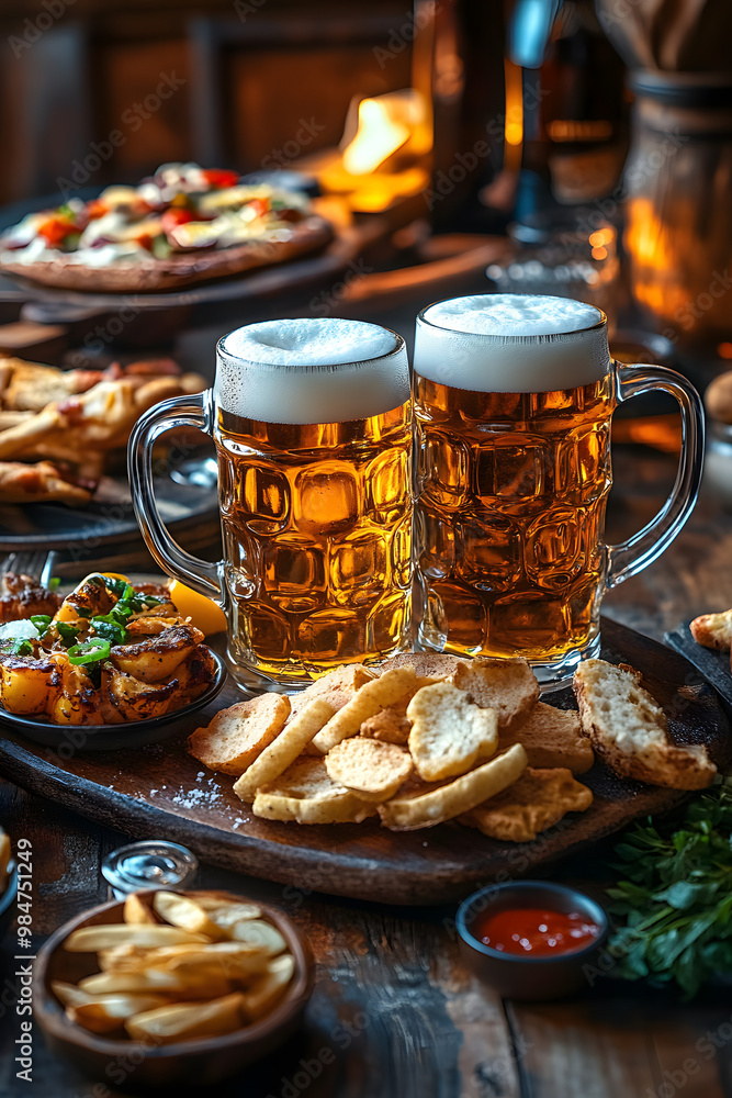 Beer mugs. Two beer mugs surrounded by appetizing pub food in a rustic restaurant Beer mugs. Two beer mugs surrounded by appetizing pub food in a rustic restaurant
