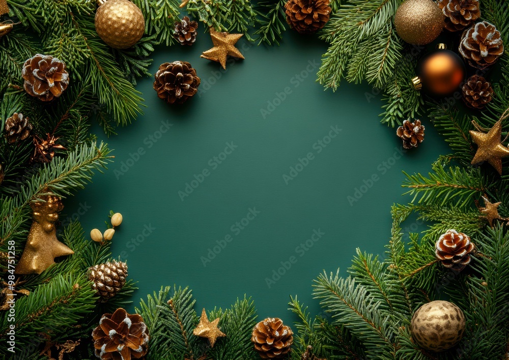 A festive Christmas frame with pine branches, pine cones, and golden ornaments against a green background, perfect for holiday greetings or invitations, A festive Christmas frame with pine branches, pine cones, and golden ornaments against a green background, perfect for holiday greetings or invitations,