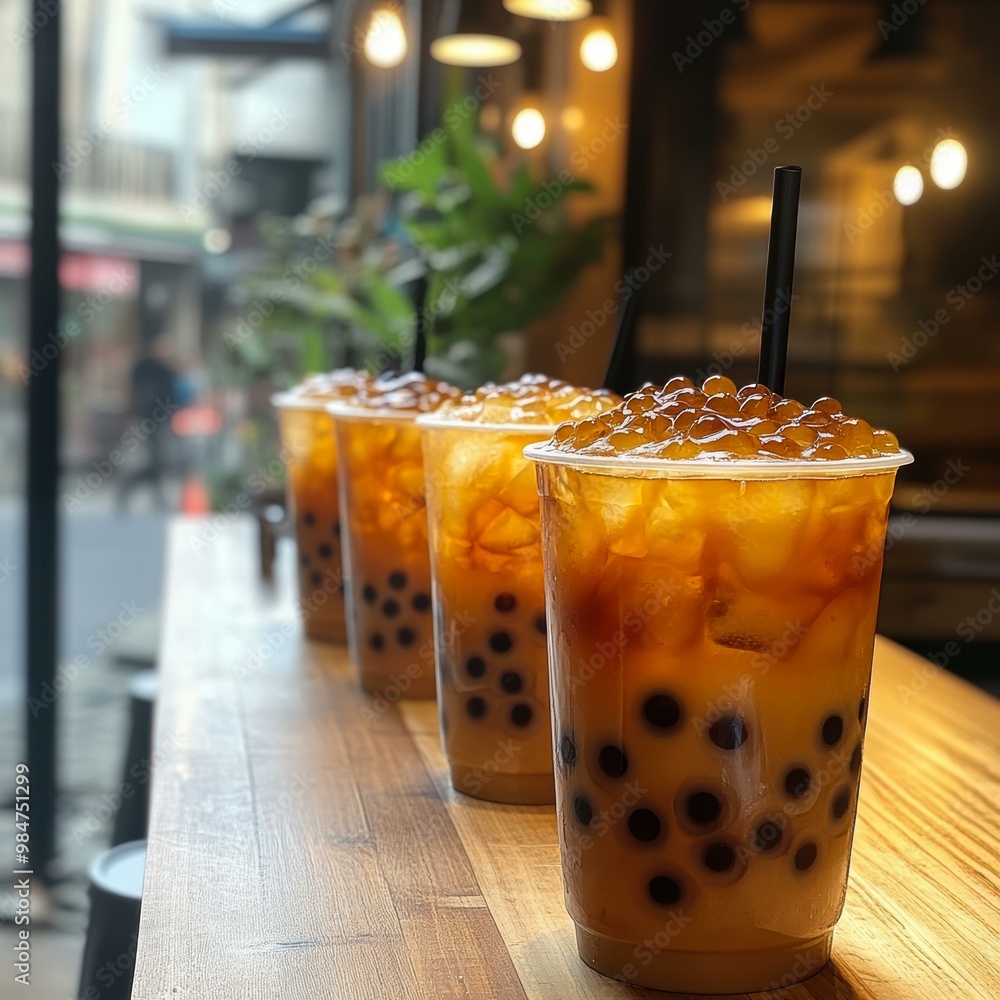 Four iced bubble tea drinks with black straws sit on a wooden table in a cozy café setting perfect for marketing materials related to beverages, cafés, or lifestyle content, Four iced bubble tea drinks with black straws sit on a wooden table in a cozy café setting perfect for marketing materials related to beverages, cafés, or lifestyle content,