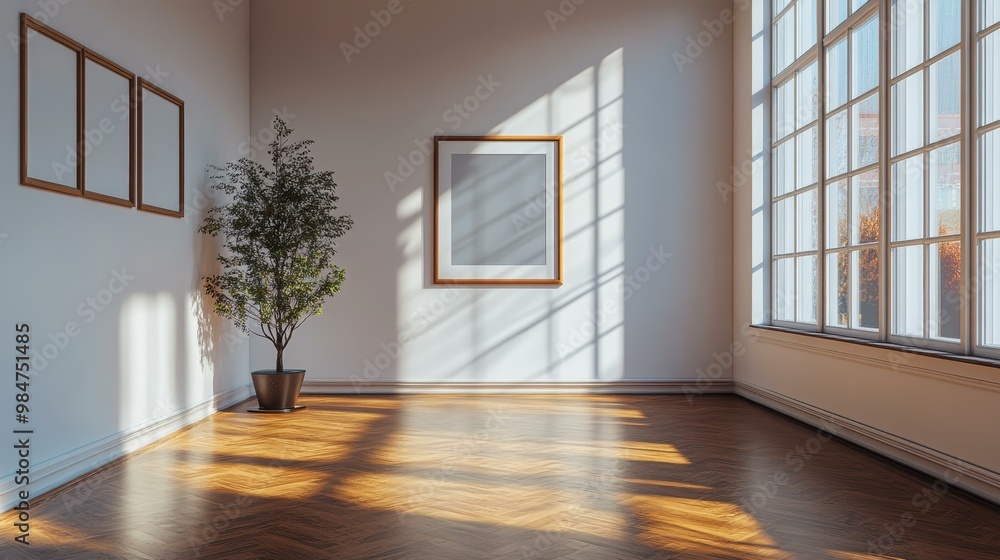 Obraz premium Bright, minimalist room with large windows casting light on a wooden floor, featuring framed artwork on the walls and a potted plant, ideal for interior design inspirations or real estate listings,
