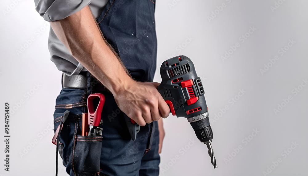 Man holding modern electric power drill on white background, closeup Man holding modern electric power drill on white background, closeup