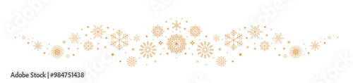 Sparkles stars, snowflakes border. Christmas banner. Gold snowflakes wave dot particles isolated on transparent background. Seamless pattern for New Year invitation, gritting card. Vector illustration