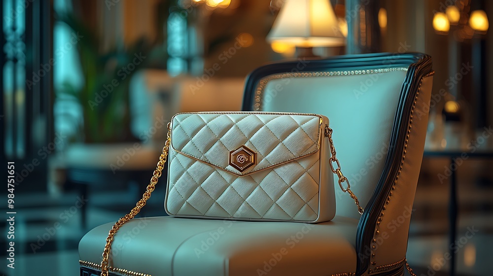 A white quilted handbag with gold chain strap rests on a plush chair. A white quilted handbag with gold chain strap rests on a plush chair.
