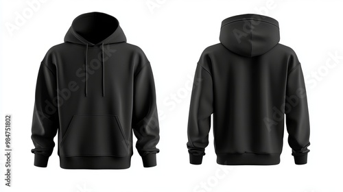 Black hoodie mockup isolated on a white background A 3D rendering of a hooded sweatshirt shown from front and back views Ideal for mens jacket design mockups photo