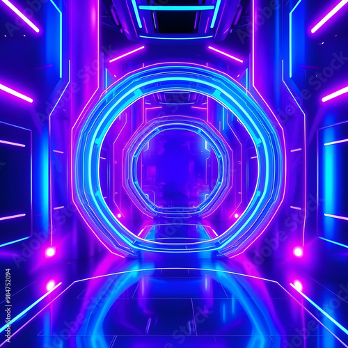 3D illustration of blue and purple futuristic sci fi techno lights cool background