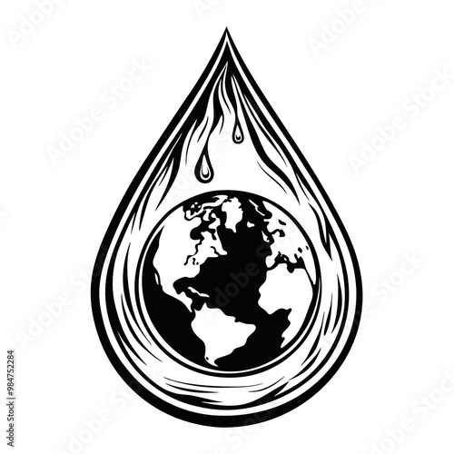 Stylized water drop icon with earth globe and dripping water representing conservation