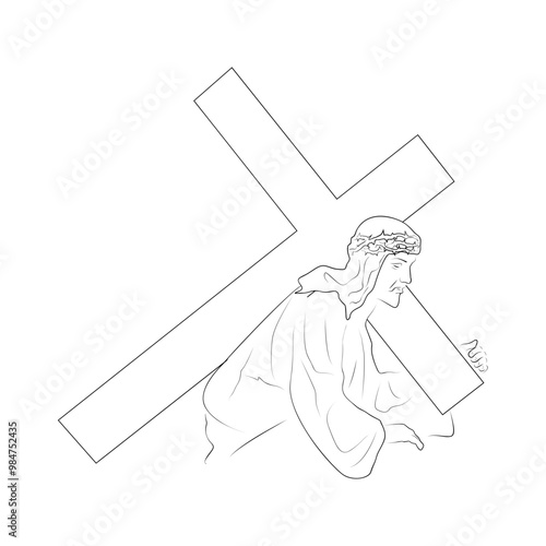 Jesus carries the cross. Final torment of Jesus Christ before his crucifixion. Jesus, wounded and exhausted, carries a heavy wooden cross.
