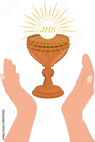 Cup with wine and bread. Symbolizes the blood and body of Christ. Rite in which a person first receives the Holy Gifts. Strengthening spiritual life.