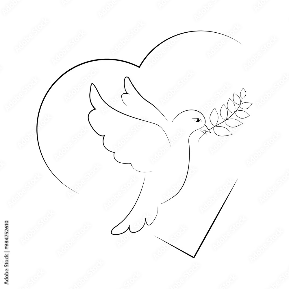 Fototapeta premium Dove peace. Symbol hope and striving for harmony. White dove holding an olive branch in its beak. New beginning and improvement of life. Bird of happiness.