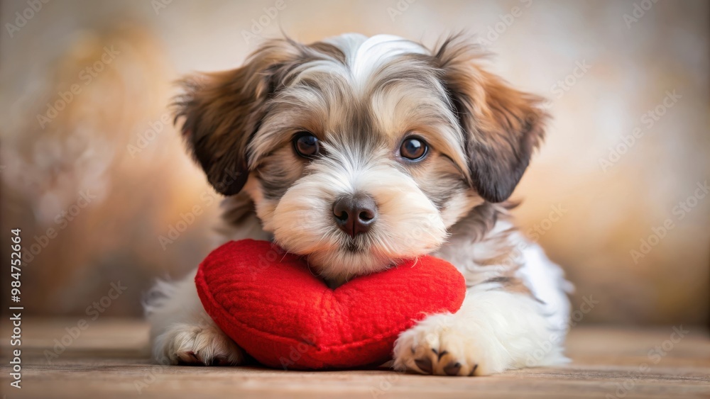 Adorable Havanese puppy with a heart-shaped Valentine's Day toy