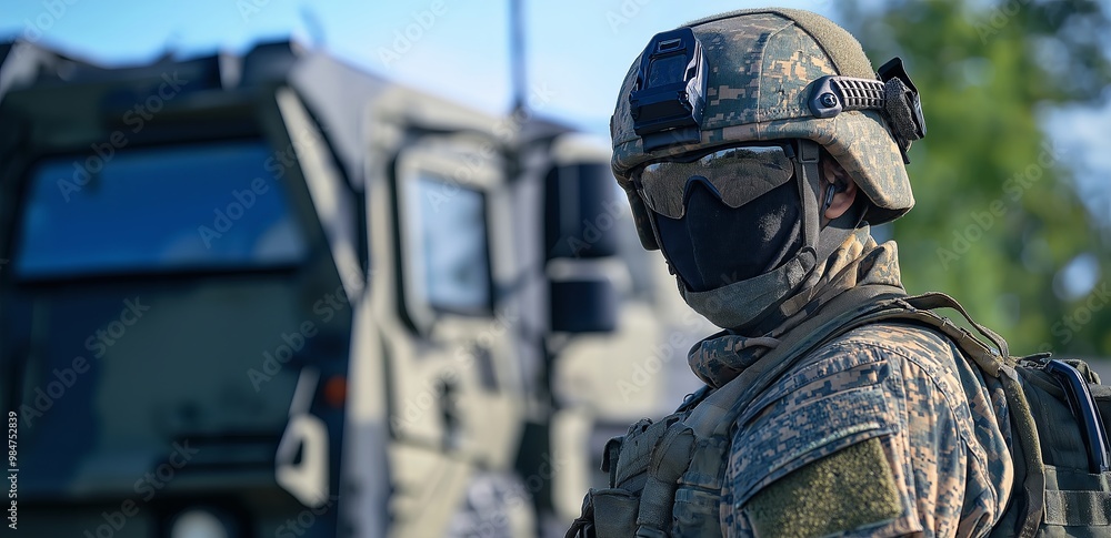 A military soldier in full camouflage gear and protective mask standing near an armored vehicle. A military soldier in full camouflage gear and protective mask standing near an armored vehicle.