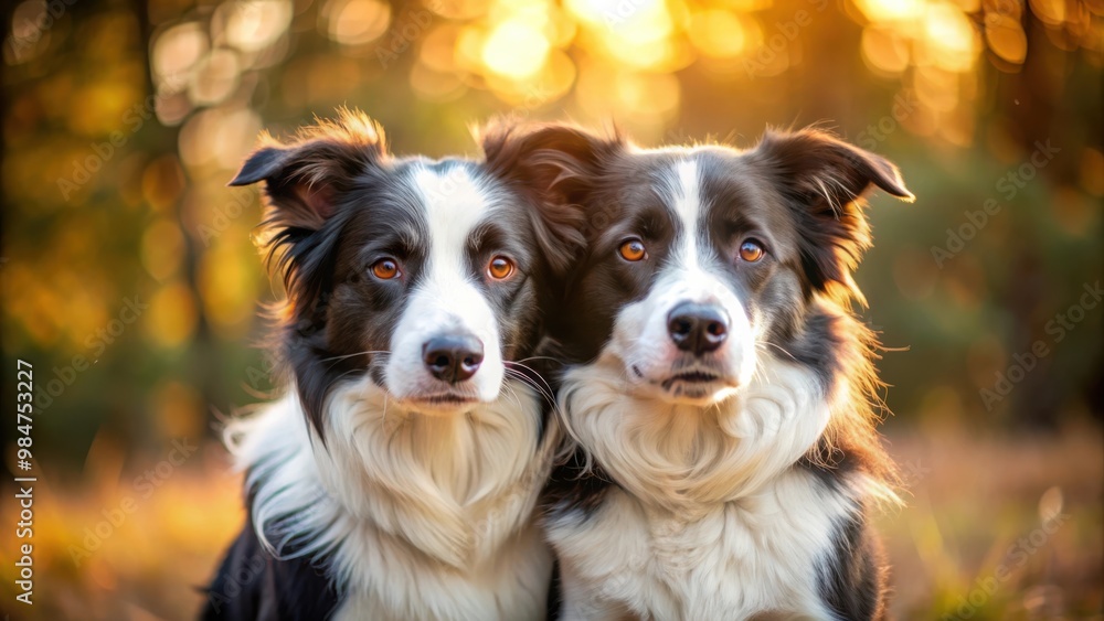 Fototapeta premium Two border collies hugging each other while on a walk in the nature, perfect for Valentine's Day