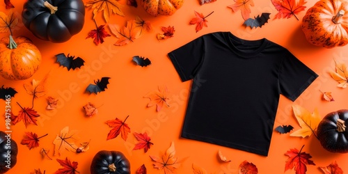 mockup of an all-black T-shirt on an orange background with pumpkins and fall leaves around the shirt, halloween concept photo