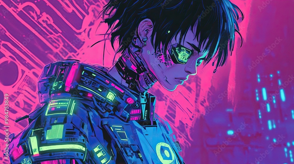 A woman with a robotic face and a neon blue outfit A woman with a robotic face and a neon blue outfit