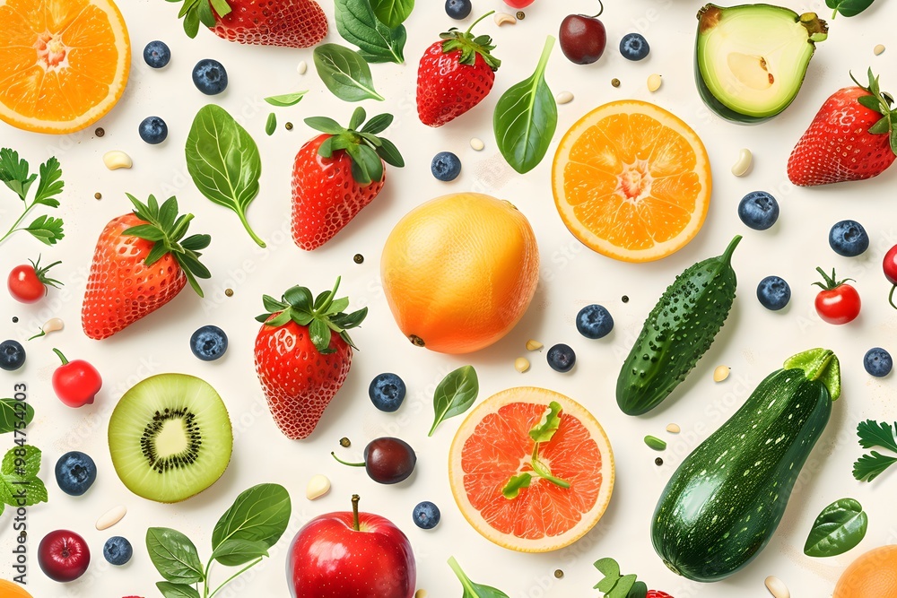 Vibrant Assortment of Fresh Fruits and Vegetables on a Light Background Vibrant Assortment of Fresh Fruits and Vegetables on a Light Background