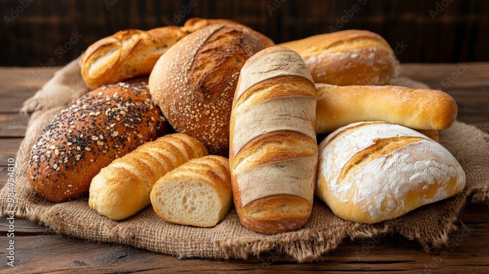 A variety of freshly baked bread rolls, including ciabatta, sourdough, and baguettes, arranged on a rustic wooden table. A variety of freshly baked bread rolls, including ciabatta, sourdough, and baguettes, arranged on a rustic wooden table.