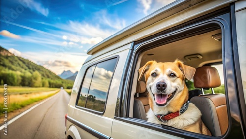 RV travel with dog A happy dog enjoying a road trip in a recreational vehicle