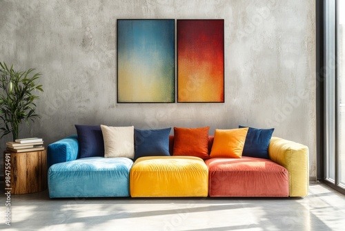 This modern living room showcases a vibrant, multicolored sofa against a sleek concrete wall, embodying minimalist design that prioritizes simplicity and functionality for enhanced aesthetic appeal