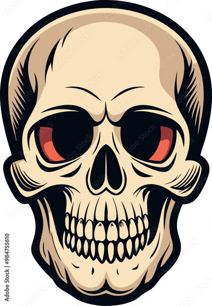 Fototapeta premium A detailed skull featuring bright red eyes, prominently displayed on a clean white background for dramatic effect