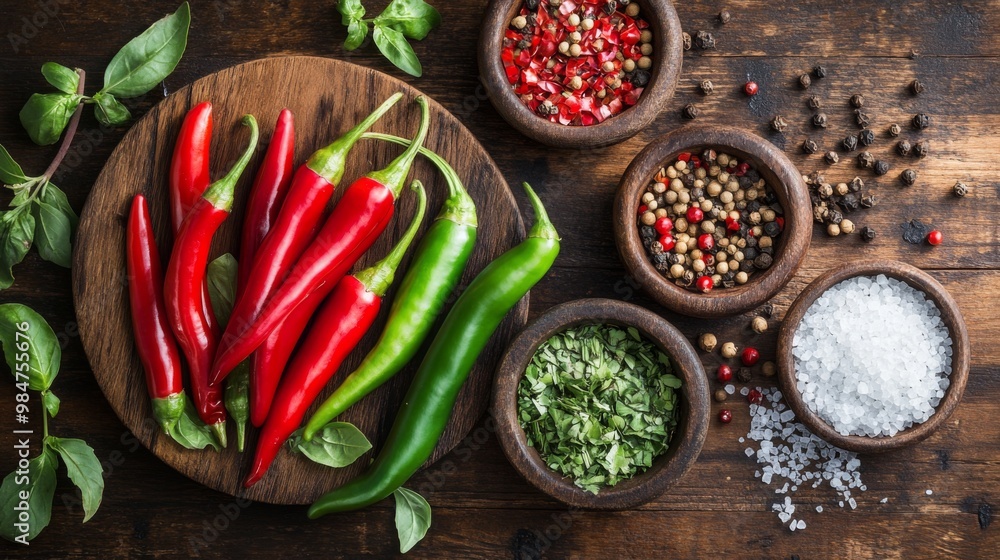 A vibrant, artistic arrangement of fresh green and red chili peppers with a selection of seasonings, including salt, pepper, and herbs, on a wooden table. A vibrant, artistic arrangement of fresh green and red chili peppers with a selection of seasonings, including salt, pepper, and herbs, on a wooden table.